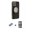 MARSİLYAN™- iPhone 12 Pro Kılıf İz Form Serisi - Siyah 34D Hayalet Izgaralı Cam + Shine Kamera Lens Koruma Cam - GS