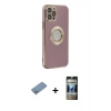 MARSİLYAN™- iPhone 12 Pro Kılıf İz Form Serisi - Siyah 34D Hayalet Izgaralı Cam + Shine Kamera Lens Koruma Cam - GS