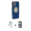 MARSİLYAN™- iPhone 12 Pro Kılıf İz Form Serisi - Siyah 34D Hayalet Izgaralı Cam + Shine Kamera Lens - MI