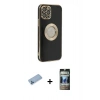 MARSİLYAN™- iPhone 12 Pro Kılıf İz Form Serisi - Siyah 34D Hayalet Izgaralı Cam + Shine Kamera Lens Koruma Cam - MI