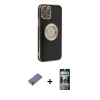 MARSİLYAN™- iPhone 12 Pro Kılıf İz Form Serisi - Siyah 34D Hayalet Izgaralı Cam + Metal Kamera Lens Koruma Cam - GD