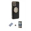MARSİLYAN™- iPhone 12 Pro Kılıf İz Form Serisi - Siyah 34D Hayalet Izgaralı Cam + Metal Kamera Lens Koruma Cam - KUYL