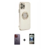 MARSİLYAN™- iPhone 12 Pro Kılıf İz Form Serisi - Siyah 34D Hayalet Izgaralı Cam + Neon Fosforlu Kamera Lens - TU