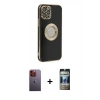 MARSİLYAN™- iPhone 12 Pro Kılıf İz Form Serisi - Siyah 34D Hayalet Izgaralı Cam + Neon Fosforlu Kamera Lens - TU