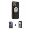 MARSİLYAN™- iPhone 12 Pro Kılıf İz Form Serisi - Siyah 34D Hayalet Izgaralı Cam + Neon Fosforlu Kamera Lens - MI