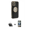 MARSİLYAN™- iPhone 12 Pro Kılıf İz Form Serisi - Siyah 34D Hayalet Izgaralı Cam + Kamera Lens Koruma Cam - SF