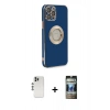 MARSİLYAN™- iPhone 12 Pro Kılıf İz Form Serisi - Siyah 34D Hayalet Izgaralı Cam + Shine Kamera Lens - GS
