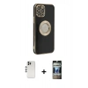 MARSİLYAN™- iPhone 12 Pro Kılıf İz Form Serisi - Siyah 34D Hayalet Izgaralı Cam + Shine Kamera Lens - GS