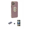 MARSİLYAN™- iPhone 12 Pro Kılıf İz Form Serisi - Siyah 34D Hayalet Izgaralı Cam + Turuncu Renkli Kamera Lens Koruma Cam