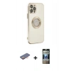 MARSİLYAN™- iPhone 12 Pro Kılıf İz Form Serisi - Siyah 34D Hayalet Izgaralı Cam + Turuncu Renkli Kamera Lens Koruma Cam