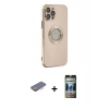 MARSİLYAN™- iPhone 12 Pro Kılıf İz Form Serisi - Siyah 34D Hayalet Izgaralı Cam + Turuncu Renkli Kamera Lens Koruma Cam
