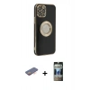 MARSİLYAN™- iPhone 12 Pro Kılıf İz Form Serisi - Siyah 34D Hayalet Izgaralı Cam + Turuncu Renkli Kamera Lens Koruma Cam