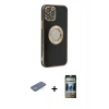 MARSİLYAN™- iPhone 12 Pro Kılıf İz Form Serisi - Siyah 34D Hayalet Izgaralı Cam + Renkli Kamera Lens Koruma Cam - YL