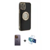 MARSİLYAN™- iPhone 12 Pro Kılıf İz Form Serisi - Siyah 3D Antistatik Cam Ekran Koruyucu + Neon Fosforlu Kamera Lens - SI