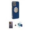 MARSİLYAN™- iPhone 12 Pro Kılıf İz Form Serisi - Siyah 3D Antistatik Cam Ekran Koruyucu + Neon Fosforlu Kamera Lens - SI
