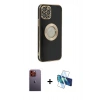 MARSİLYAN™- iPhone 12 Pro Kılıf İz Form Serisi - Siyah 3D Antistatik Cam Ekran Koruyucu + Neon Fosforlu Kamera Lens - TU
