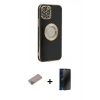 MARSİLYAN™- iPhone 12 Pro Kılıf İz Form Serisi - Siyah 3D Antistatik Hayalet Cam Ekran Koruyucu + Shine Kamera Lens Koruma Cam - SABE