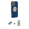 MARSİLYAN™- iPhone 12 Pro Kılıf İz Form Serisi - Siyah Polymer Nano Ekran Koruyucu + Mor Metal Kamera Lens Koruma Cam