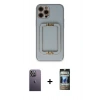 MARSİLYAN™- iPhone 12 Pro Kılıf Kozmos Minimal Prime - Siyah 34D Hayalet Izgaralı Cam + Neon Fosforlu Kamera Lens - BZ