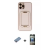 MARSİLYAN™- iPhone 12 Pro Kılıf Kozmos Minimal Prime - Siyah 34D Hayalet Izgaralı Cam + Pembe Shine Kamera Lens Koruma Cam