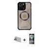 MARSİLYAN™- iPhone 12 Pro Kılıf Kutup Modern - Siyah 34D Hayalet Izgaralı Cam + Rainbow Kamera Lens Koruma Cam - GD