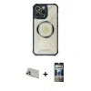 MARSİLYAN™- iPhone 12 Pro Kılıf Kutup Modern - Siyah 34D Hayalet Izgaralı Cam + Rainbow Kamera Lens Koruma Cam - GD