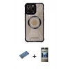 MARSİLYAN™- iPhone 12 Pro Kılıf Kutup Modern - Siyah 34D Hayalet Izgaralı Cam + Shine Kamera Lens Koruma Cam - GD