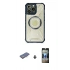 MARSİLYAN™- iPhone 12 Pro Kılıf Kutup Modern - Siyah 34D Hayalet Izgaralı Cam + Mavi Renkli Kamera Lens Koruma Cam