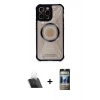 MARSİLYAN™- iPhone 12 Pro Kılıf Kutup Modern - Siyah 34D Hayalet Izgaralı Cam + Şeffaf Kamera Lens Koruma Cam