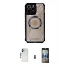 MARSİLYAN™- iPhone 12 Pro Kılıf Kutup Modern - Siyah 34D Hayalet Izgaralı Cam + Shine Kamera Lens - MI