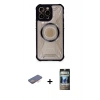 MARSİLYAN™- iPhone 12 Pro Kılıf Kutup Modern - Siyah 34D Hayalet Izgaralı Cam + Turuncu Renkli Kamera Lens Koruma Cam