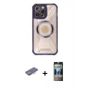 MARSİLYAN™- iPhone 12 Pro Kılıf Kutup Modern - Siyah 34D Hayalet Izgaralı Cam + Turuncu Renkli Kamera Lens Koruma Cam