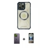 MARSİLYAN™- iPhone 12 Pro Kılıf Kutup Modern - Siyah 34D Hayalet Izgaralı Cam + Neon Fosforlu Kamera Lens - YL