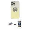 MARSİLYAN™- iPhone 12 Pro Kılıf Kutup Yansıma Özel Seri - Siyah 34D Hayalet Izgaralı Cam + Renkli Kamera Lens Koruma Cam - TU