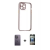 MARSİLYAN™- iPhone 12 Pro Kılıf Nova Asil Özel Seri - Siyah 34D Hayalet Izgaralı Cam + Neon Fosforlu Kamera Lens - BZ