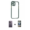 MARSİLYAN™- iPhone 12 Pro Kılıf Nova Asil Özel Seri - Siyah 34D Hayalet Izgaralı Cam + Neon Fosforlu Kamera Lens - BZ