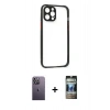 MARSİLYAN™- iPhone 12 Pro Kılıf Nova Asil Özel Seri - Siyah 34D Hayalet Izgaralı Cam + Neon Fosforlu Kamera Lens - BZ