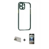 MARSİLYAN™- iPhone 12 Pro Kılıf Nova Asil Özel Seri - Siyah 34D Hayalet Izgaralı Cam + Rainbow Kamera Lens Koruma Cam - GD