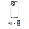 MARSİLYAN™- iPhone 12 Pro Kılıf Nova Asil Özel Seri - Siyah 34D Hayalet Izgaralı Cam + Rainbow Kamera Lens Koruma Cam - GD