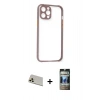 MARSİLYAN™- iPhone 12 Pro Kılıf Nova Asil Özel Seri - Siyah 34D Hayalet Izgaralı Cam + Rainbow Kamera Lens Koruma Cam - GD