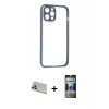 MARSİLYAN™- iPhone 12 Pro Kılıf Nova Asil Özel Seri - Siyah 34D Hayalet Izgaralı Cam + Rainbow Kamera Lens Koruma Cam - GD