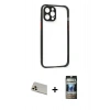 MARSİLYAN™- iPhone 12 Pro Kılıf Nova Asil Özel Seri - Siyah 34D Hayalet Izgaralı Cam + Rainbow Kamera Lens Koruma Cam - GD