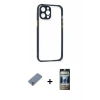 MARSİLYAN™- iPhone 12 Pro Kılıf Nova Asil Özel Seri - Siyah 34D Hayalet Izgaralı Cam + Metal Kamera Lens Koruma Cam - GS