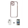 MARSİLYAN™- iPhone 12 Pro Kılıf Nova Asil Özel Seri - Siyah 34D Hayalet Izgaralı Cam + Shine Kamera Lens - GS