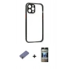 MARSİLYAN™- iPhone 12 Pro Kılıf Nova Asil Özel Seri - Siyah 34D Hayalet Izgaralı Cam + Metal Kamera Lens Koruma Cam - GD