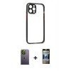 MARSİLYAN™- iPhone 12 Pro Kılıf Nova Asil Özel Seri - Siyah 34D Hayalet Izgaralı Cam + Neon Fosforlu Kamera Lens - YL