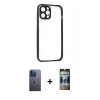 MARSİLYAN™- iPhone 12 Pro Kılıf Nova Asil Özel Seri - Siyah 34D Hayalet Izgaralı Cam + Neon Fosforlu Kamera Lens - MI