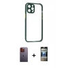 MARSİLYAN™- iPhone 12 Pro Kılıf Nova Asil Özel Seri - Siyah 34D Hayalet Izgaralı Cam + Neon Fosforlu Kamera Lens - TU