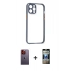 MARSİLYAN™- iPhone 12 Pro Kılıf Nova Asil Özel Seri - Siyah 34D Hayalet Izgaralı Cam + Neon Fosforlu Kamera Lens - TU