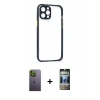 MARSİLYAN™- iPhone 12 Pro Kılıf Nova Asil Özel Seri - Siyah 34D Hayalet Izgaralı Cam + Neon Fosforlu Kamera Lens - YL